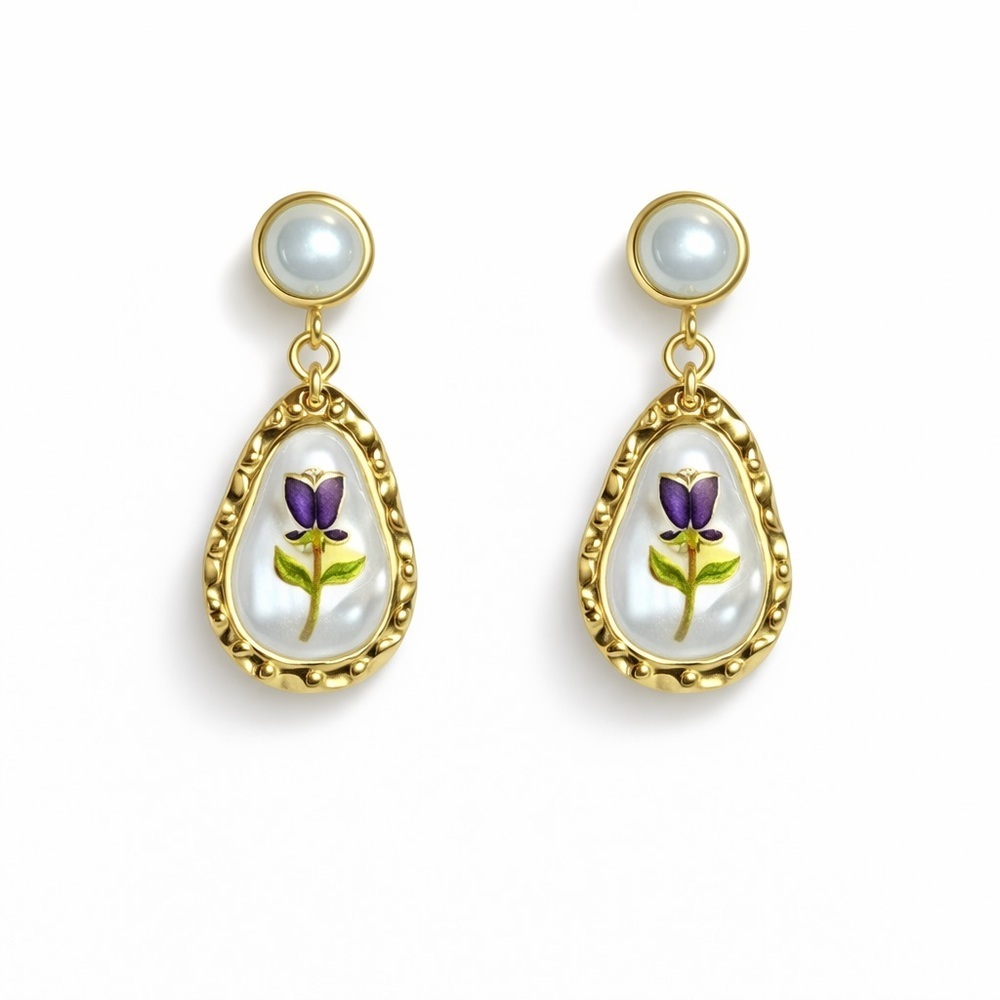 Trendy Gold and Pearl Rose Earrings